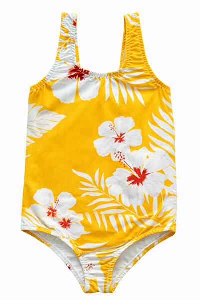 Papiş Girls' Swimsuit White Flower Printed Yellow Color Patterned Comfortable...