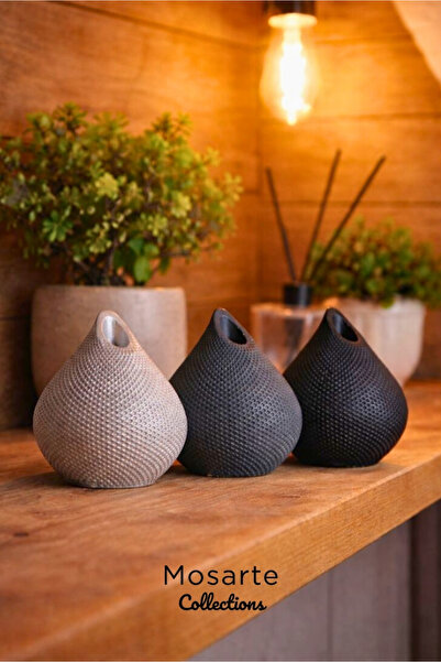 Mosarte Damla Formlu Modern Dekor Vazosu 3D Doku Yüzeyli 3'lü - Gümüş / Antra...