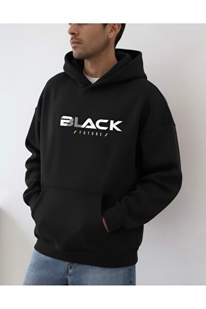 FUFLUNS Black Future Printed Oversize Unisex Women/Men K Hooded Sweatshirt