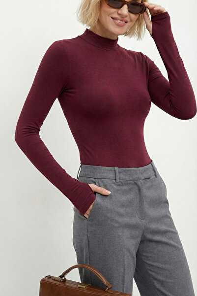 oshebu Women's Stand Collar Finger Insert Detail Bodysuit