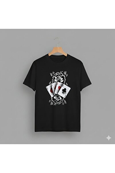 CLASSY.MODA Black Rose Playing Cards печатани унисекс тениски с голям размер