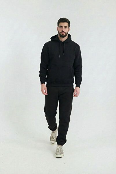 Veleno Black Men's Kangaroo 3 Thread Tracksuit Set with Fleece Inside, Wool S...