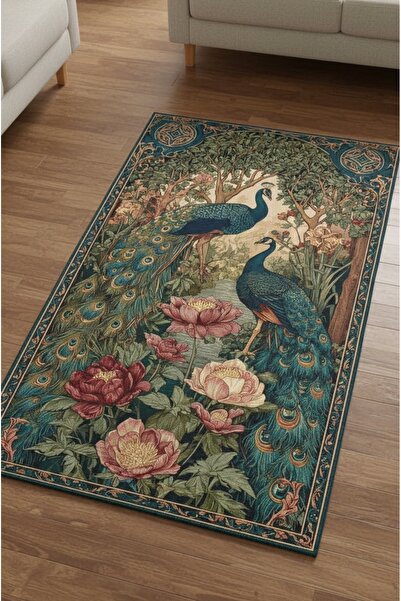 SSC Dekor Tavus Kuşu Desenli Halı - Dijital Baskılı Yıkanabilir Kaydırmaz Tab...