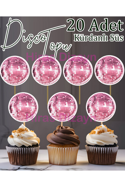 Hiras Dizayn 20 Pieces Pink Disco Ball Glittery Appearance Cupcake Picks - Cake - Cookie Decorations with Toothpicks
