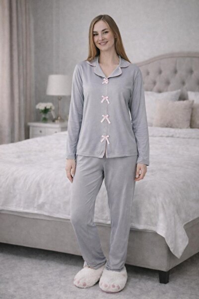 GAMDELLE MODA طقم بيجامة نسائي من قماش الخيزران مع تفاصيل فيونكة