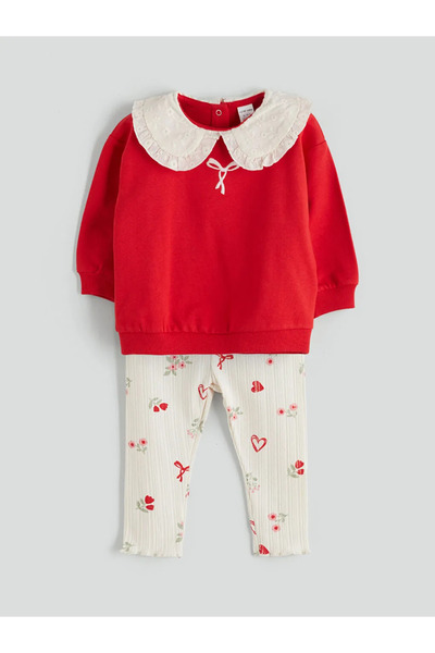 LC Waikiki Lcw Baby Red Printed Baby Girl Sweatshirt and Leggings 2-Pack
