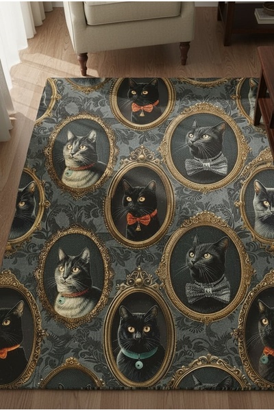 SSC Dekor Kedi Desenli Halı - Dijital Baskılı Yıkanabilir Kaydırmaz Taban Sal...