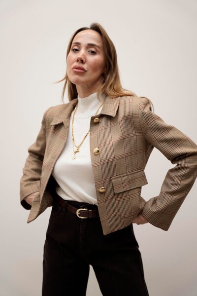 Lady Pixie Gold Button Detailed Crow's Feet Patterned Blazer Jacket