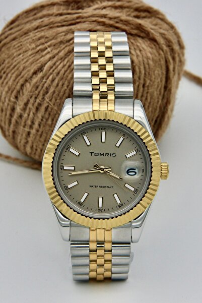 TOMRİS All Stainless Steel, Waterproof, Gold Silver Band, Black Dial Wristwatch