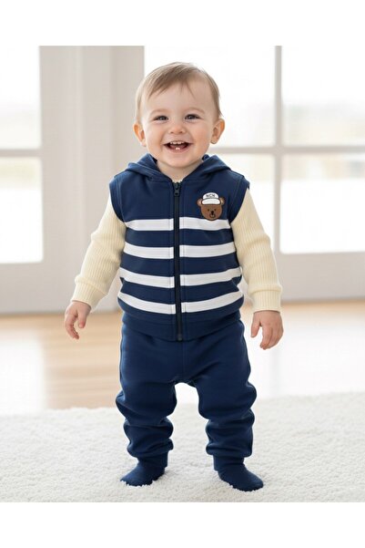 VOY KİDS Baby Boy Transitional Hooded Zippered Combed Cotton Vest Set 3 Piece...