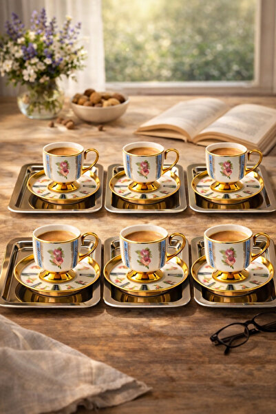 welcomein Tepsili 6’lı Kahve Fincan Seti – Gold Detaylı Porselen Fincan Takım...