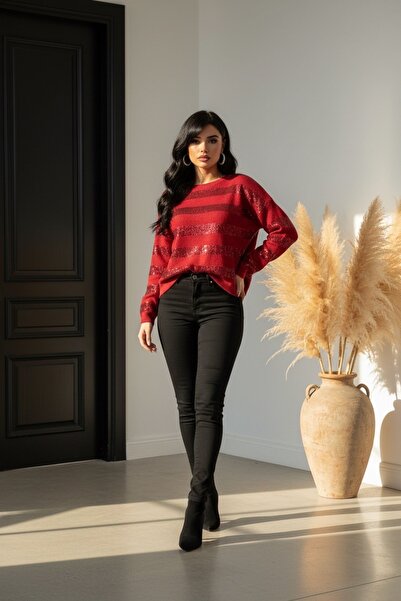 MADE İN ITALY İtalyan Model Payet Detaylı Kırmızı Triko Bluz