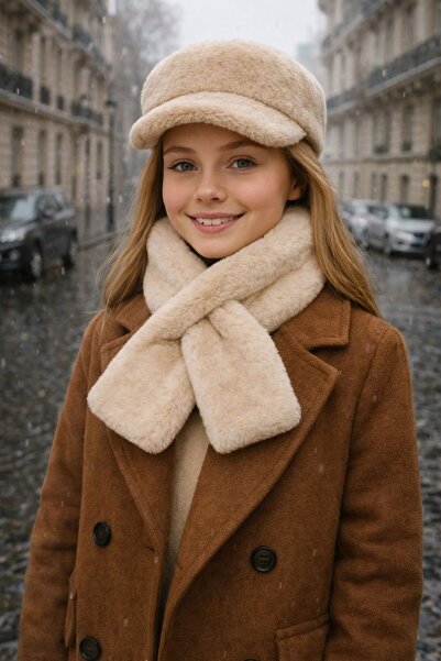 MARBERRY Μπεζ μαλακό βελούδινο καπέλο και κολάρο λαιμού Παιδικό σετ 2 τεμαχίω...