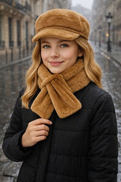 MARBERRY Камел мека текстурирана плюшена дамска шапка и шал за врата, комплек...