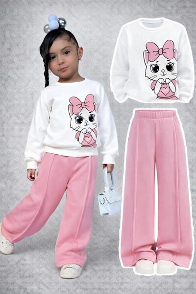 Kids Çocuk Beyaz Pembe Çımalı Kedi Baskılı Alt Üst Takım