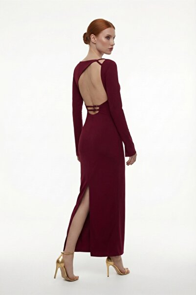 Lafaba Women's Burgundy Back Detailed Maxi Stylish Evening Dress
