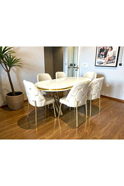 MSY HOME 6 Kişilik Ada Gold Serisi Beyaz Masa Yönsüz Kumaş Lüks Ve Modern Yem...