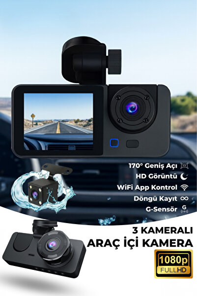 METONTECH 3 Kameralı Araç İçi Kamera | Ön + Arka + İç Kamera | 1080P, Döngü K...