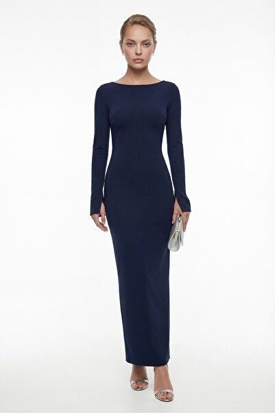 Lafaba Women's Navy Blue Back Detailed Maxi Stylish Evening Dress