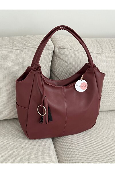BAGLOVİS Large Size Burgundy Casual Women's Shoulder Bag with Ribbon and Tassel En45 Boy30