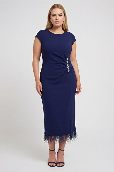 Lafaba Women's Navy Blue Plus Size Otrish Knitted Midi Evening Dress