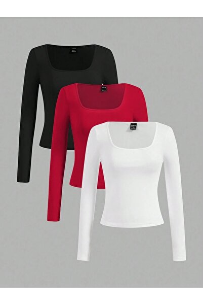 WESTİMO Women's 3 Colors Long Sleeve Low Neckline Combed Cotton Bodysuit