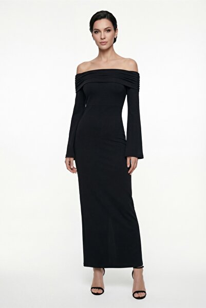 Lafaba Women's Black Carmen Collar Stylish Evening Dress