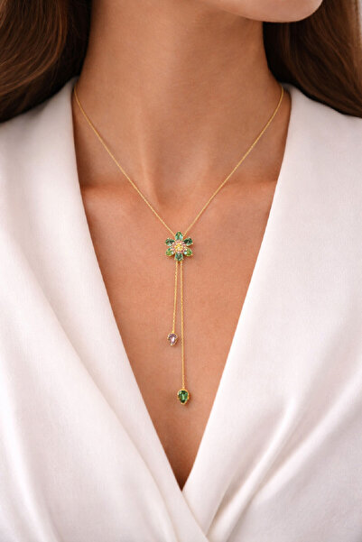 binbir xpress Zümrüt Çiçeği Y Model Zarif Gold Kolye