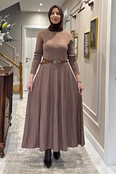Rabia Şamlı Irem Belted Steel Knitted Sweater Dress Milk Coffee