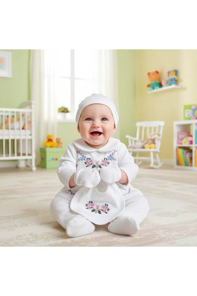 MİLAYS LİFE HOME COLLECTİON Baby Girl 0-3 Months Organic Cotton Flower Embroi...