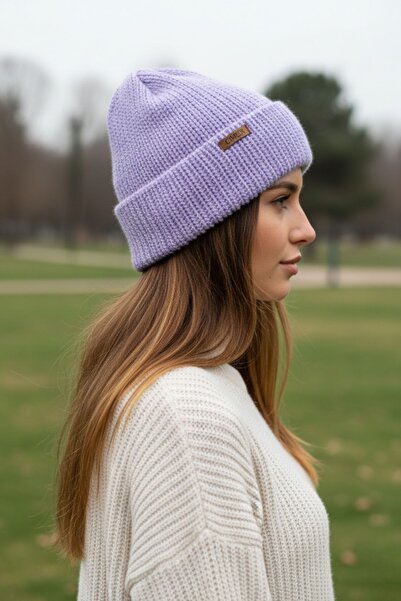 Çimen Butikk Hand Knitted Double Layer Lilac Color Beanie |   32X39 cm