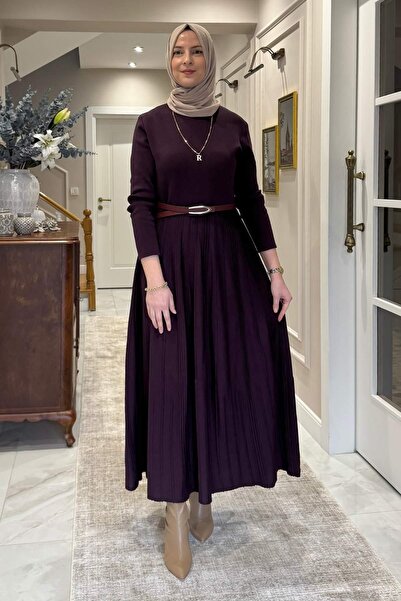 Rabia Şamlı Irem Belted Steel Knitted Sweater Dress Plum