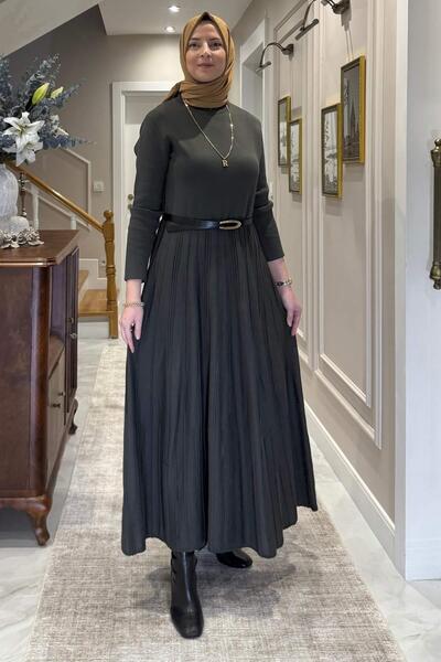 Rabia Şamlı Irem Belted Steel Knitted Sweater Dress Khaki