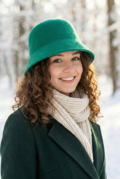 Kapin Bell Hat Wool Felt Bucket Hat Crumpled Fabric - Green