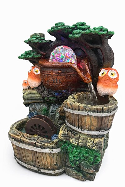 Yeliz Işıklı Baykuş Temalı Değirmenli Masaüstü Su Şelalesi - Dekoratif Krista...