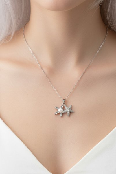 özgül takı ve tasarım Starfish Model Pearl Detailed Stainless Steel Silver Color Women's Necklace