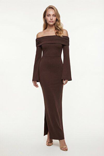 Lafaba Women's Brown Carmen Collar Stylish Evening Dress