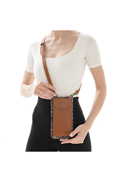 MissBag Kadın El Yapımı Etnik Desenli Telefon Bölmeli Taba Siyah Mini Çapraz ...