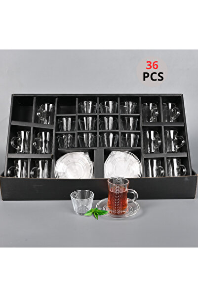 Generic 36-piece clear glass cup and saucer set, 60ml and 90ml capacities, modern design suitable for serving.