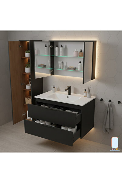 mdf Modern Siyah Banyo Dolabı Seti – Üst Dolap & Lavabolu Alt Modül