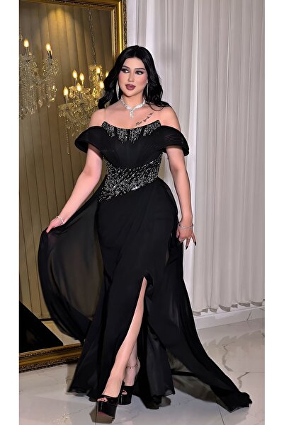 NHMODA Straplez Taş İşlemeli Şifon Kumaş Pelerinli Abiye