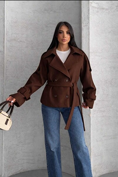 Azra Moda Style New Season Cashmere Coat with Tie Detail, Buttoned, Lined for...