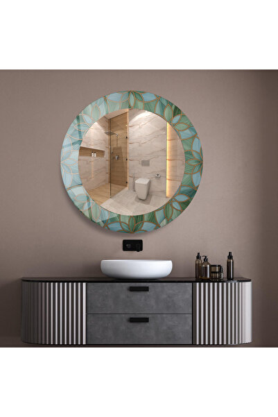 Glit Glass Turkuaz ve Altın Detaylı Yaprak Motifli Yuvarlak Ayna - Modern Ban...