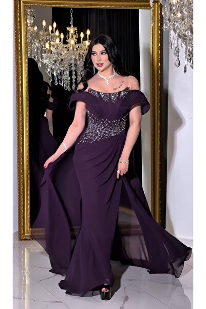 NHMODA Straplez Taş İşlemeli Şifon Kumaş Pelerinli Abiye