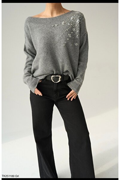 CADDELAMODA Women's Boat Neck Shoulder Stone Detailed Premium Sweater