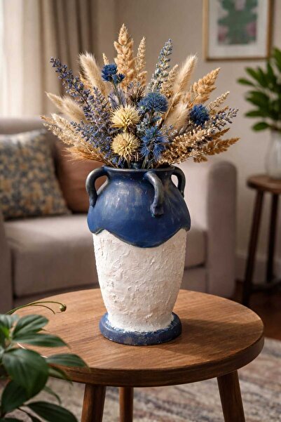 Atiz Çömlek evi Handmade Textured Decorative Vase with Handle