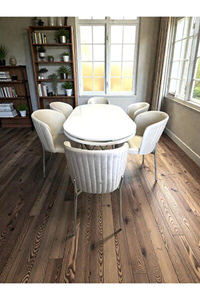 MSY HOME 6 Kişilik Berya Beyaz Oval Masa Krom Ayak Yönsüz Kumaş Modern Ve Şık...