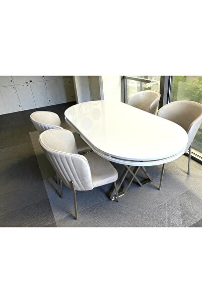 MSY HOME 4 Kişilik Berya Beyaz Oval Masa Krom Ayak Yönsüz Kumaş Modern Ve Şık...