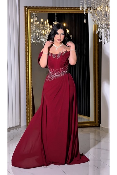 NHMODA Straplez Taş İşlemeli Şifon Kumaş Pelerinli Abiye