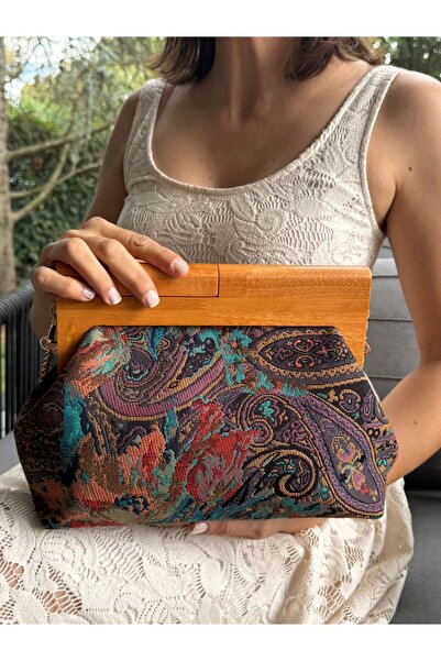 JOPHIEL ATELIER Penalope Collection - Chain, Wooden Handle Fabric Bag, Clutch, Handbag, Purse